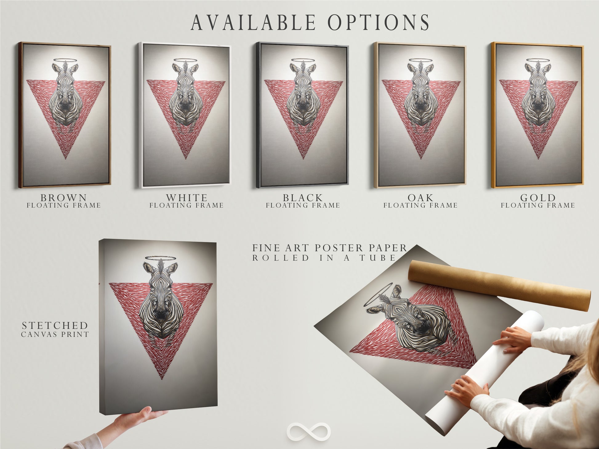 Explore available options for zebra sacred geometry art. Choose from stretched canvas prints fine art poster paper and floating frames. Find the perfect format for this modern animal art. Enhance your space with red geometric art today.