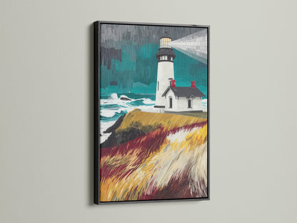 A lighthouse coastal canvas artwork is displayed in a black frame. This nautical seascape print adds a sophisticated touch to any office decor. Ideal for stagers and homeowners seeking versatile coastal artwork. The black frame accentuates the ocean painting and nautical theme. Elevate your boardroom or clinic with this stunning sea view print.