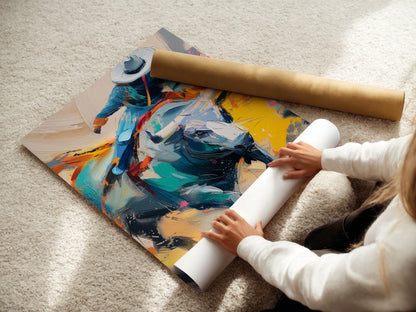 A woman is carefully rolling a fine art poster paper. Preparing a cowboy rodeo canvas art print. Ensuring quality and precision. Ready to bring western charm to your walls. Perfect for any art lover.