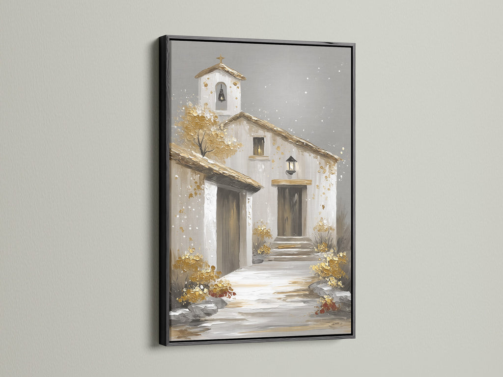 Artwork with a black frame. The artwork features a quaint building. It looks like a church or villa. The artwork is matted and framed. The black frame adds a touch of sophistication. Hang it in your living room or office for a touch of elegance.