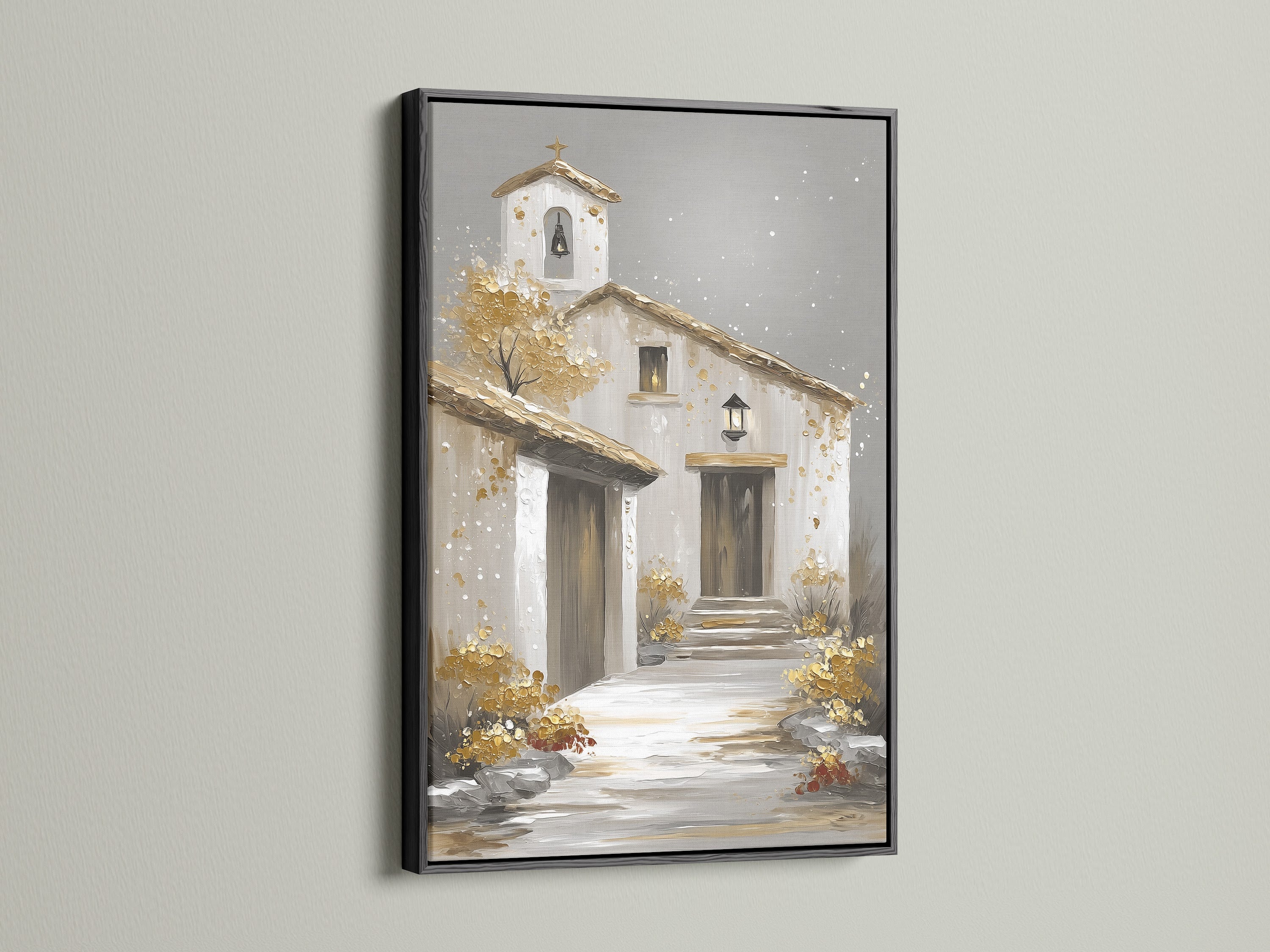 Artwork with a black frame. The artwork features a quaint building. It looks like a church or villa. The artwork is matted and framed. The black frame adds a touch of sophistication. Hang it in your living room or office for a touch of elegance.