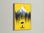 Mountain Bear artwork displayed in an oak frame. This bear art print enhances your living space. Ideal cabin wall decor for nature enthusiasts. The yellow wall art brings a rustic touch. A perfect outdoorsy gift.