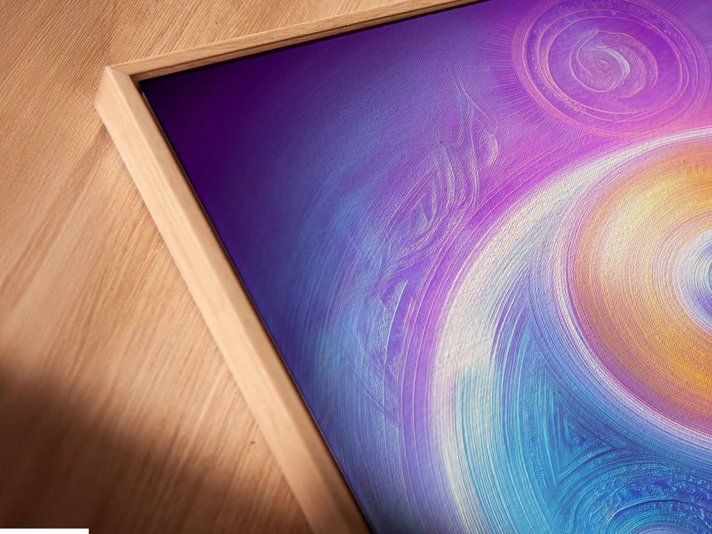 An angled close-up reveals a canvas print in a floating frame. The Yin Yang artwork features a cosmic spiritual theme. The purple rainbow galaxy is perfect for minimalist decor. It enhances meditation.