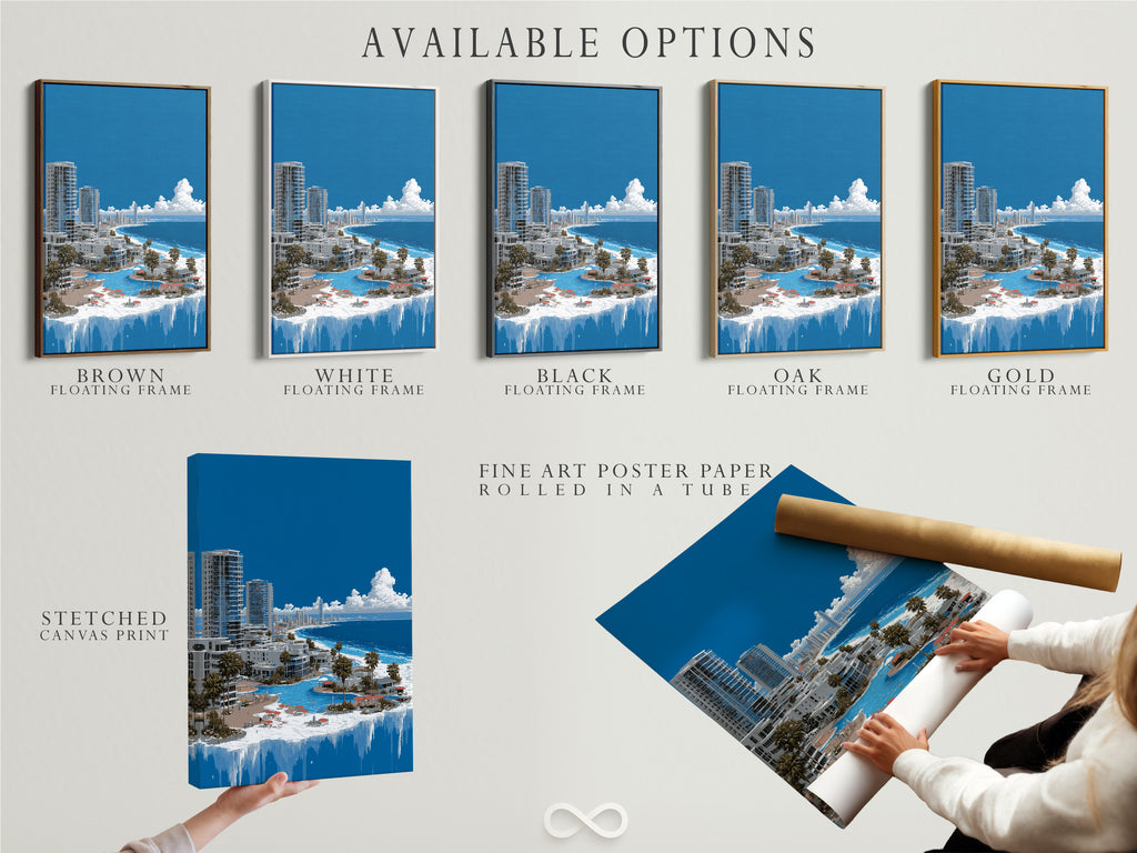 Available options for the Surreal Frozen City artwork. Choose from stretched canvas prints fine art poster paper and floating frames. Perfect for customizing your art to match your style. Explore our options.