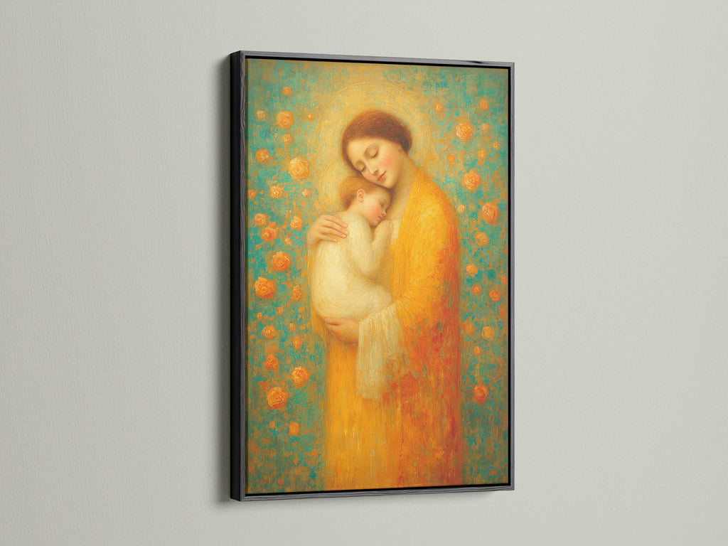 This fine art print of a mother holding her child is in a black frame. The black frame provides a classic and sophisticated touch. It adds depth to the artwork. It makes a bold statement on any wall.