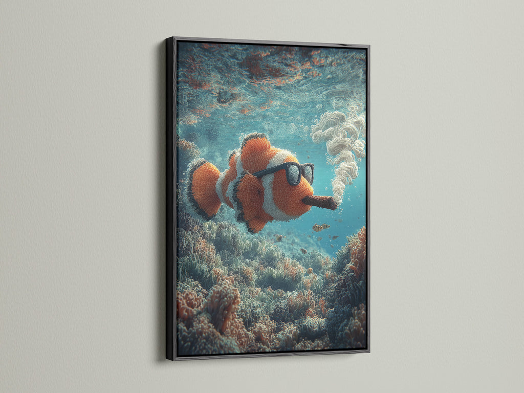 Black frame featuring a clownfish art piece. The art shows the clownfish smoking a cigar underwater. The black frame adds a bold and sophisticated touch. It makes the colors pop. A striking addition to your art collection. Ideal for a contemporary setting
