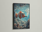 Black frame featuring a clownfish art piece. The art shows the clownfish smoking a cigar underwater. The black frame adds a bold and sophisticated touch. It makes the colors pop. A striking addition to your art collection. Ideal for a contemporary setting