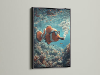 Black frame featuring a clownfish art piece. The art shows the clownfish smoking a cigar underwater. The black frame adds a bold and sophisticated touch. It makes the colors pop. A striking addition to your art collection. Ideal for a contemporary setting