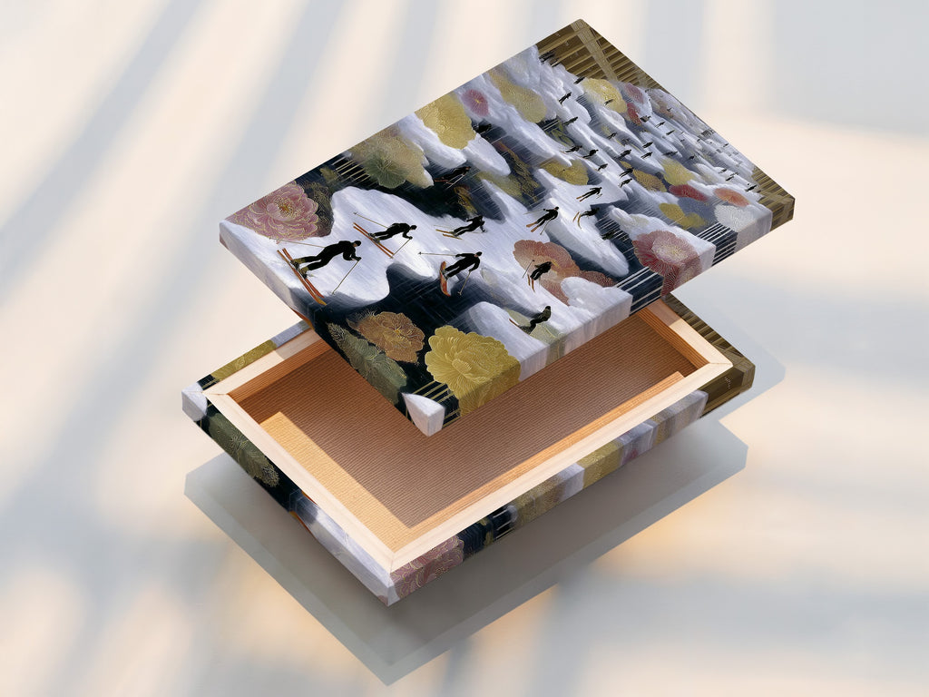 A stretched canvas print ready to hang. This format brings the skiing artwork to life. The winter sports art is vibrant and engaging. The alpine canvas print is stretched perfectly. Ready to enhance your cabin wall decor.