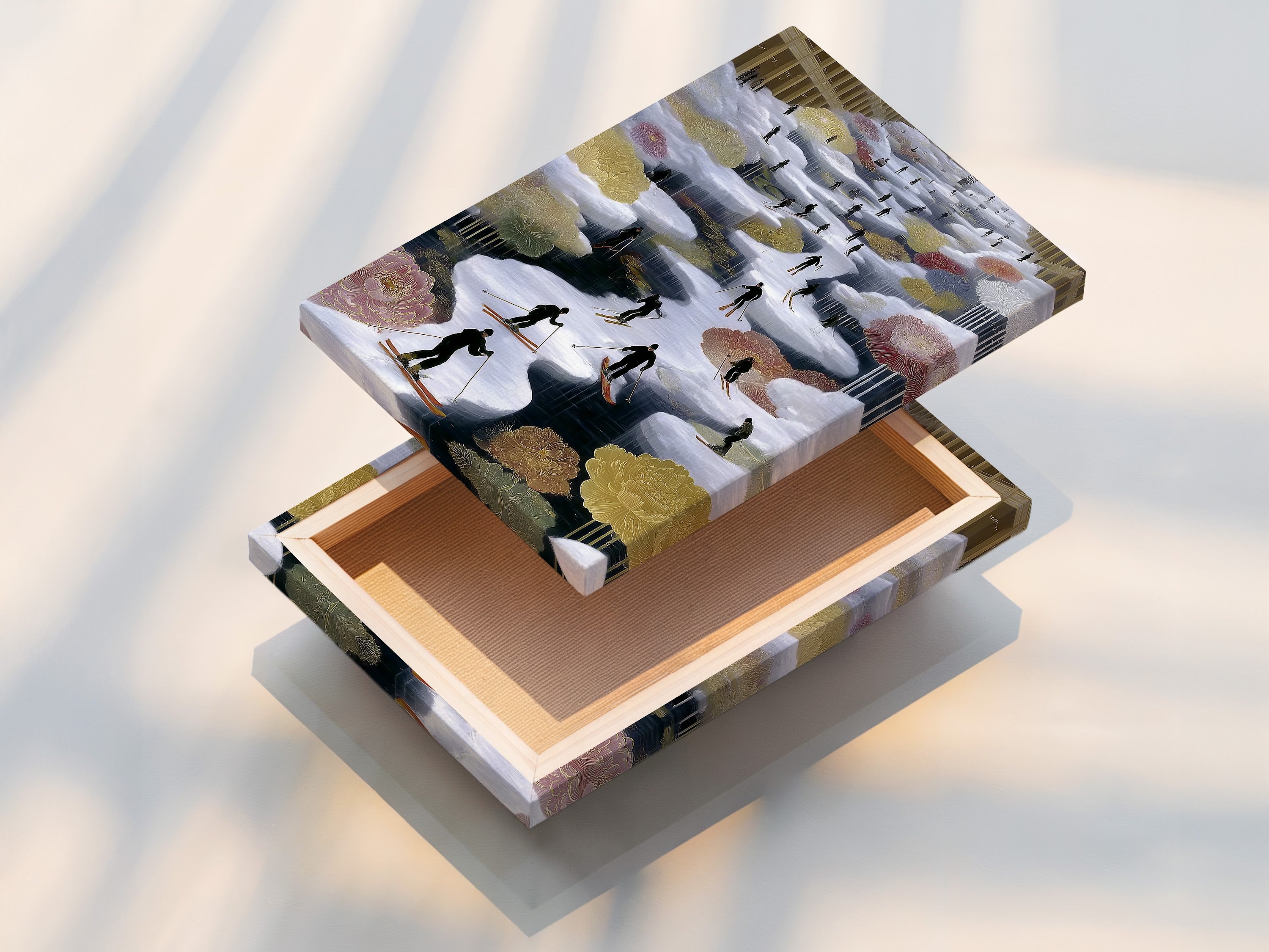 A stretched canvas print ready to hang. This format brings the skiing artwork to life. The winter sports art is vibrant and engaging. The alpine canvas print is stretched perfectly. Ready to enhance your cabin wall decor.