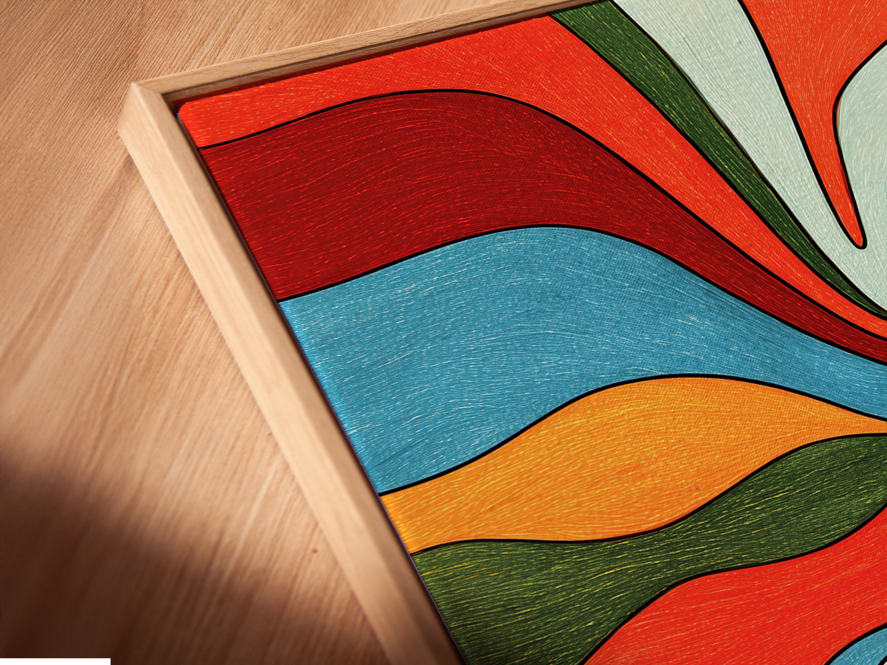 A close-up shows a canvas print in a floating frame. The frame creates a modern and stylish look. It makes the art appear to float. See the details of our floating frames and elevate your canvas prints. Shop now.