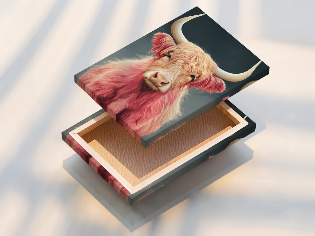 A stretched canvas print is ready to hang. This pink Highland Cow artwork is vibrant. The canvas brings the fluffy cattle art to life. Enhance your space with this farmhouse wall art today.