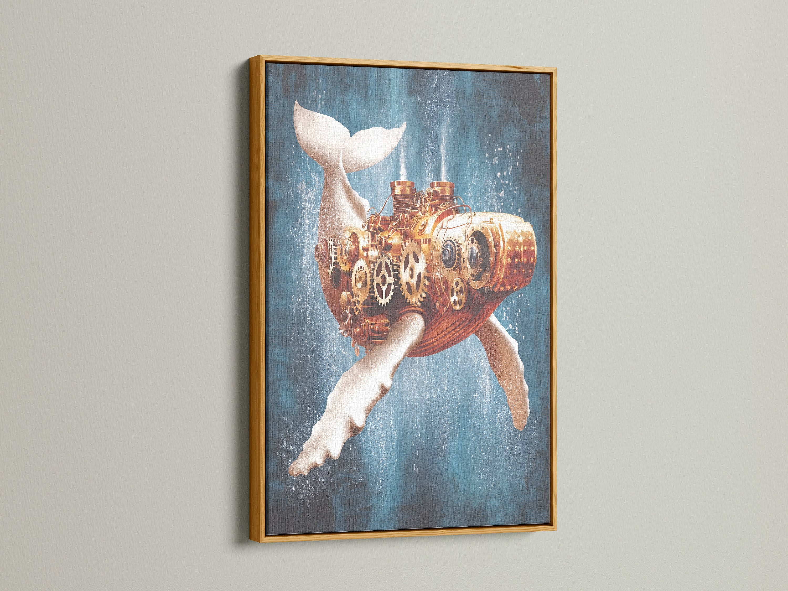 Steampunk Whale canvas artwork in a gold frame. This ocean canvas art features a mechanical whale with gears and nautical elements. It adds a touch of vintage steampunk to your study room or themed cafe. The gold frame enhances the industrial style.