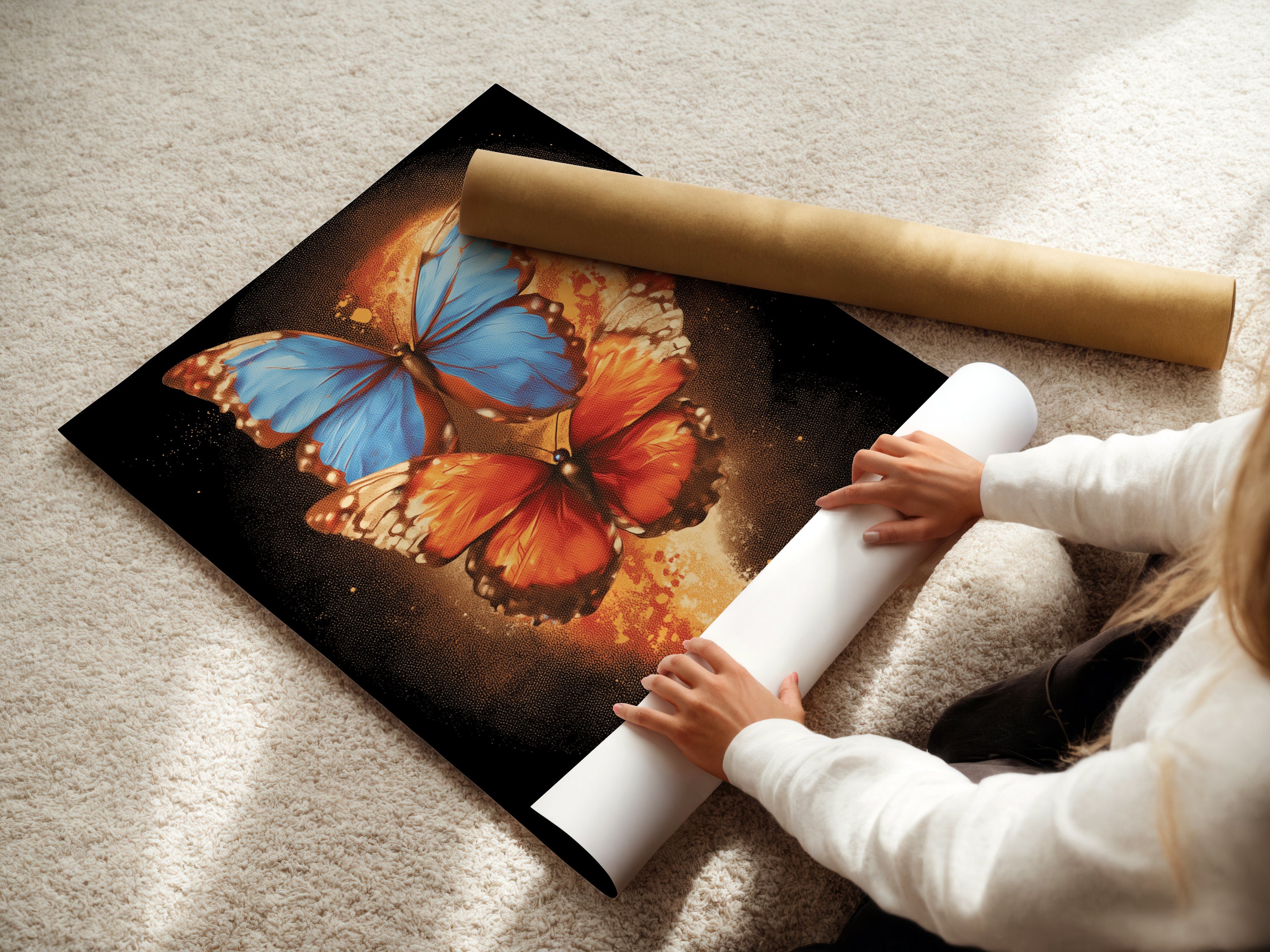 A woman is carefully rolling a fine art poster paper featuring the butterfly artwork. The insect print showcases vibrant blue and orange colors. This nature-inspired print is ready for framing or display. Ideal for art enthusiasts.