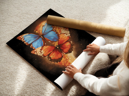 A woman is carefully rolling a fine art poster paper featuring the butterfly artwork. The insect print showcases vibrant blue and orange colors. This nature-inspired print is ready for framing or display. Ideal for art enthusiasts.