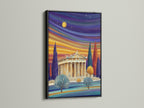 A black frame showcases a Parthenon artwork. The ancient Greece print with a sunset wall art brings a touch of classical elegance. This historical artwork is perfect for minimalist or Scandinavian styles in living rooms and offices.