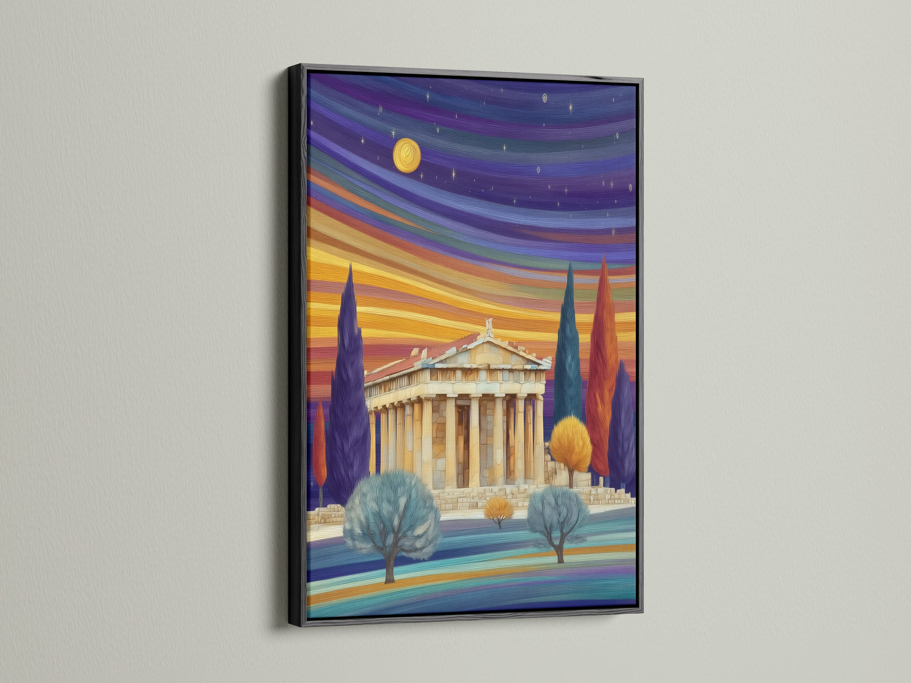 A black frame showcases a Parthenon artwork. The ancient Greece print with a sunset wall art brings a touch of classical elegance. This historical artwork is perfect for minimalist or Scandinavian styles in living rooms and offices.