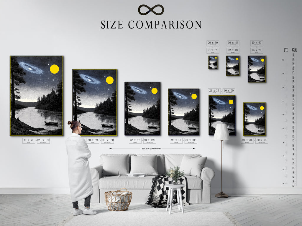 Size comparison chart in an interior setting. This features the Night Sky Landscape artwork. See how the galaxy canvas fits in your space. Visualize the lake wall art before you buy. Choose the perfect size for your celestial art print.