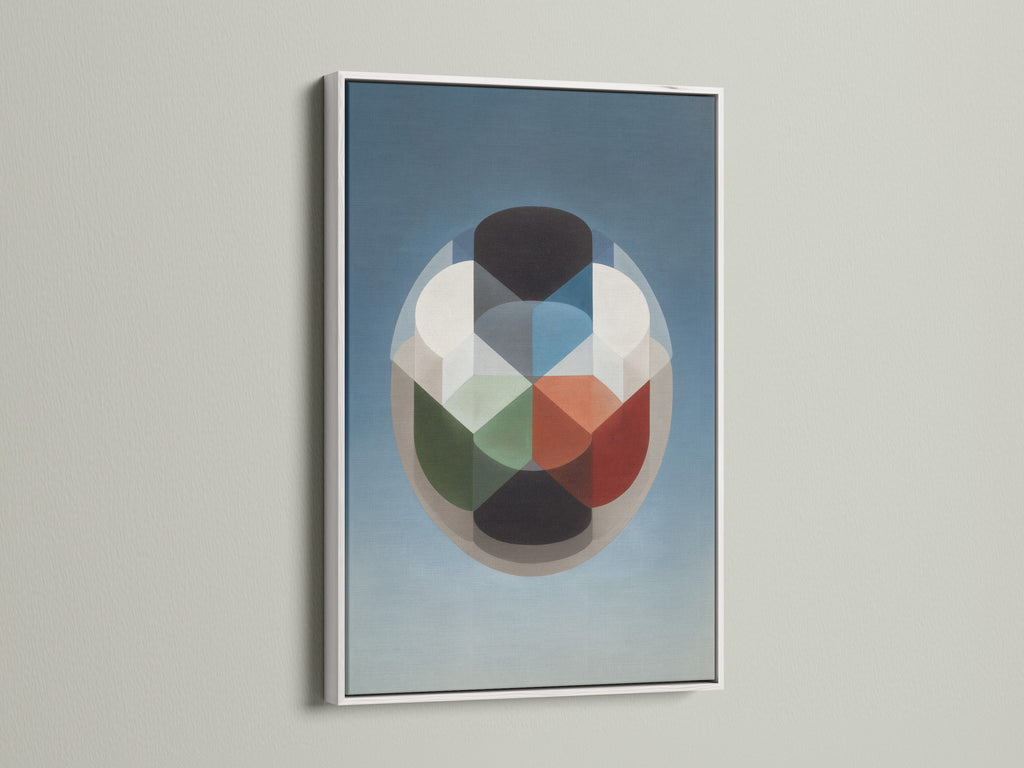 Modernist Print in a White Frame. This abstract artwork features a color block design. Ideal for adding a touch of mid century decor to your home or office. The retro wall art is perfect for contemporary spaces.