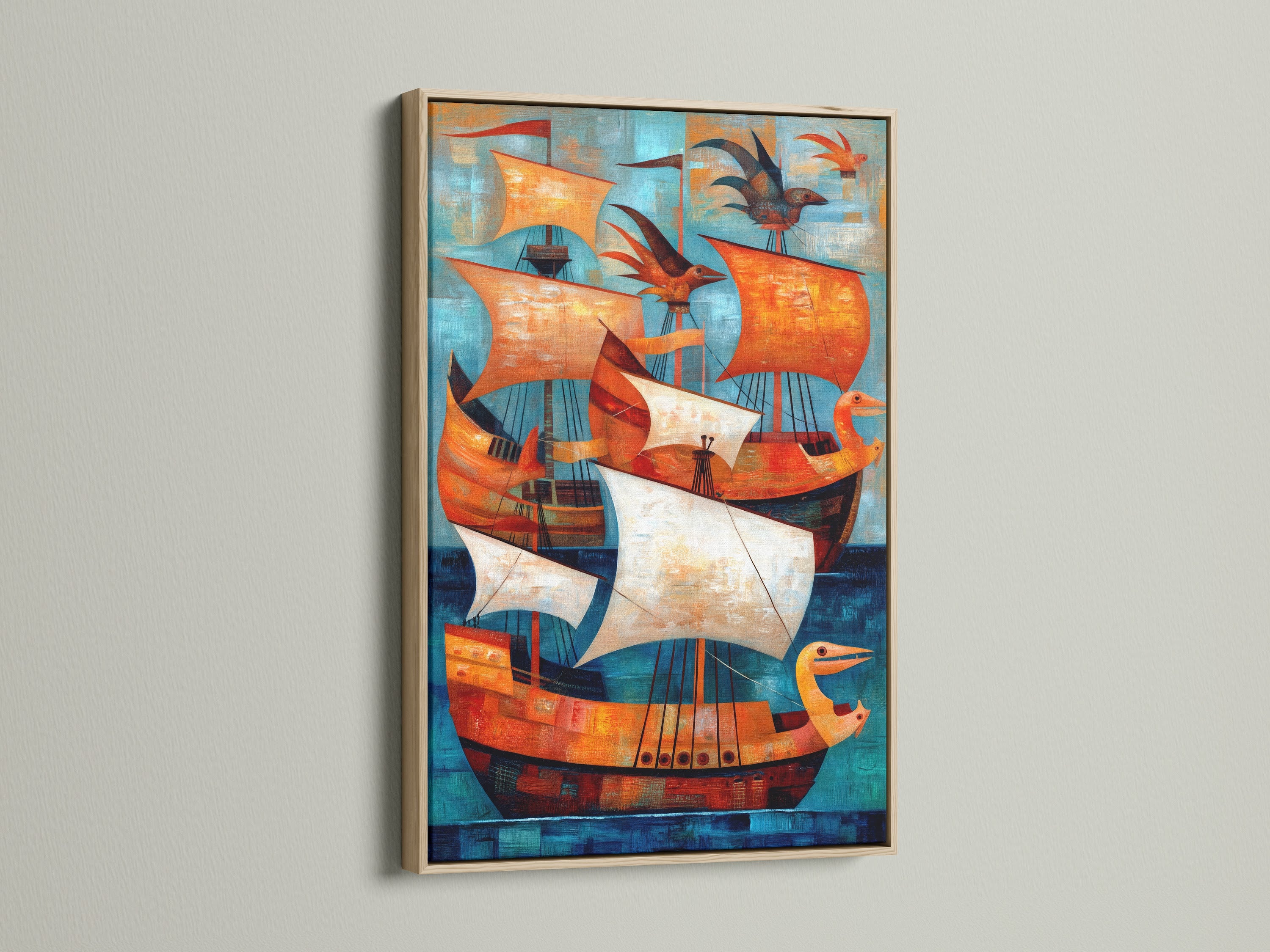 Vintage Ships Canvas Artwork with an Oak Frame. This nautical artwork features ships in teal and orange. It complements coastal modern or eclectic styles. Perfect for adding a touch of the sea to your home or office. Discover framed art.