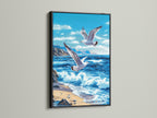 Black frame artwork. The artwork showcases seagulls flying above a stunning ocean scene. The black frame adds a touch of sophistication and elegance. It creates a striking contrast that makes the artwork stand out enhancing the overall visual impact.