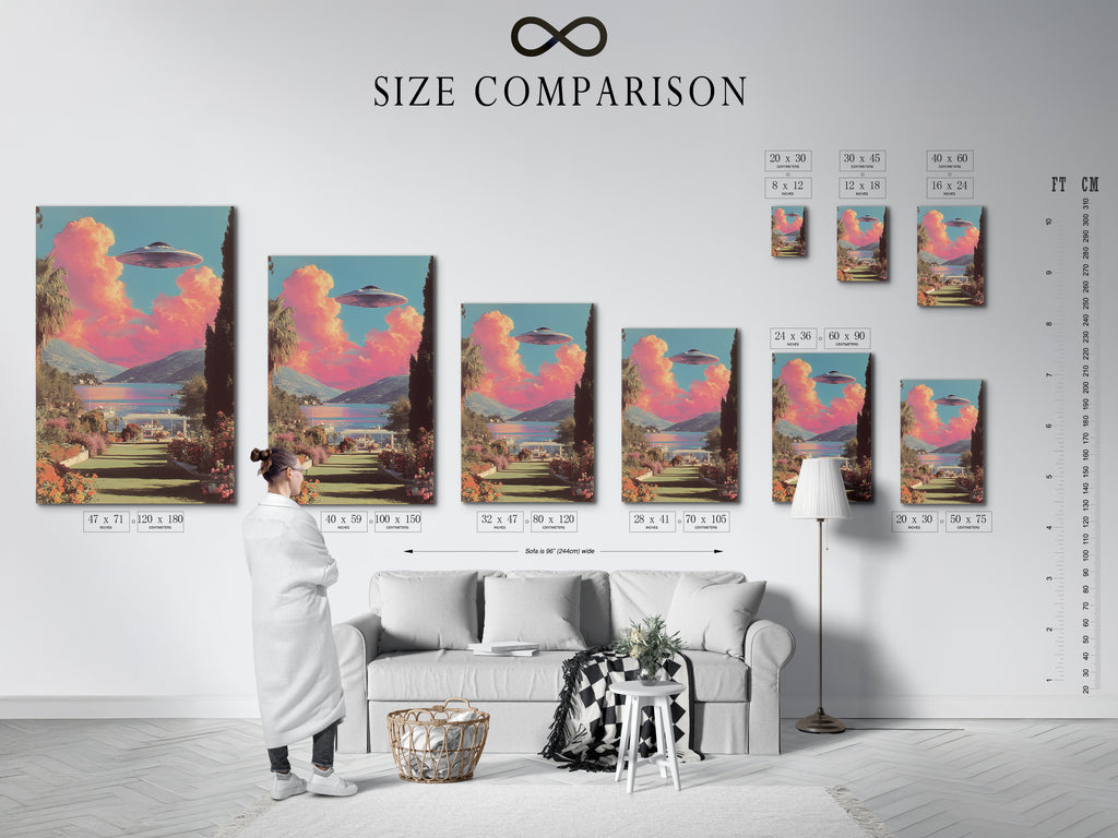 A size comparison chart in an interior setting. This helps you visualize the perfect fit for your wall. Choose from stretched canvas prints fine art poster paper. You can also select floating frames. Each option enhances the surreal sci-fi art. Primary color is pink.