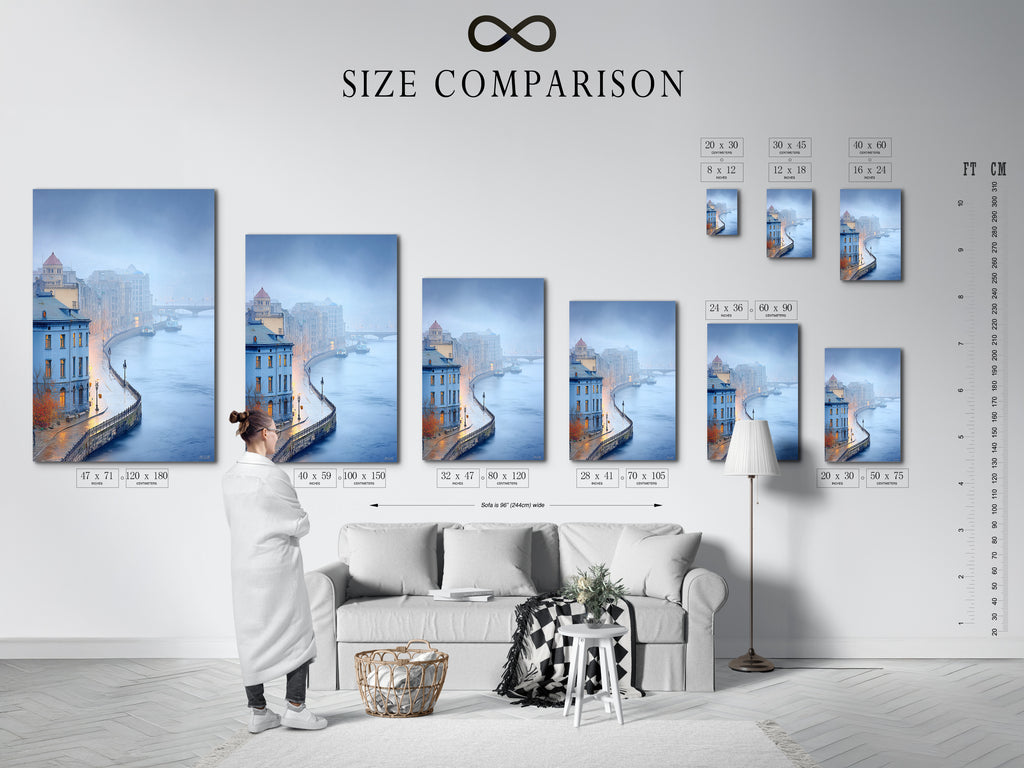 This chart shows a size comparison in an interior setting. See the Cityscape river artwork. European architecture is captured in misty cityscape photography. The blue wall art complements modern office decor.