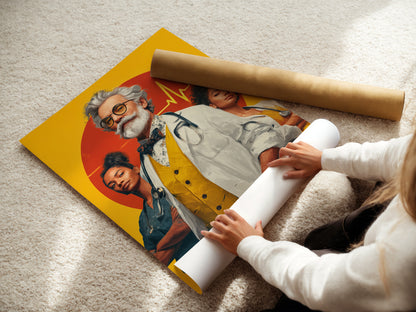 A woman is carefully rolling a fine art poster paper. The poster features medical team artwork. This fine art poster paper is ideal for high-quality healthcare prints. Perfect for creating custom doctor office decor and nurse appreciation gifts.