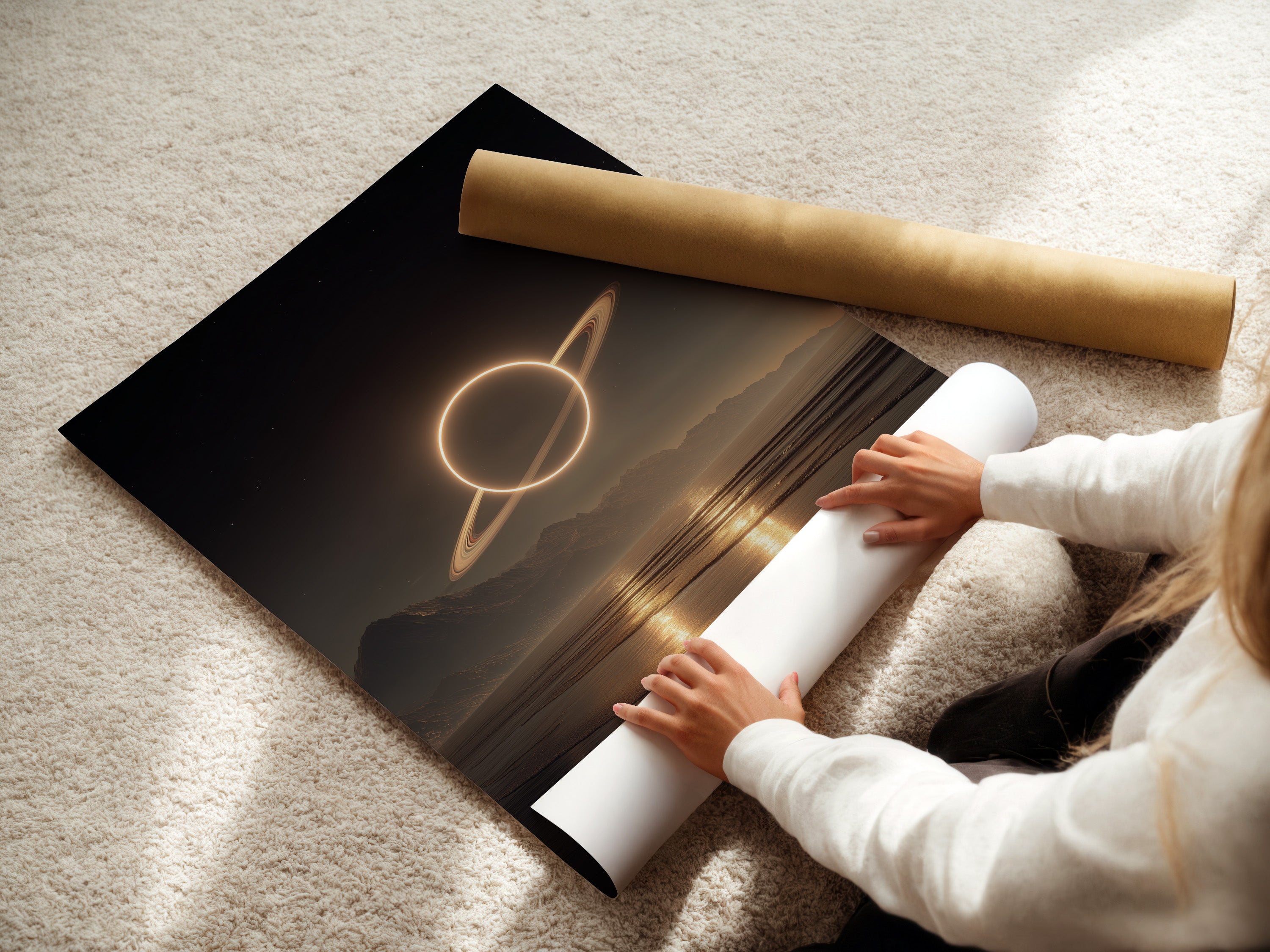 A woman is carefully rolling a fine art poster paper. She is preparing it for framing. The poster paper is of high quality. It ensures the artwork looks its best. The fine art paper enhances the print's details.