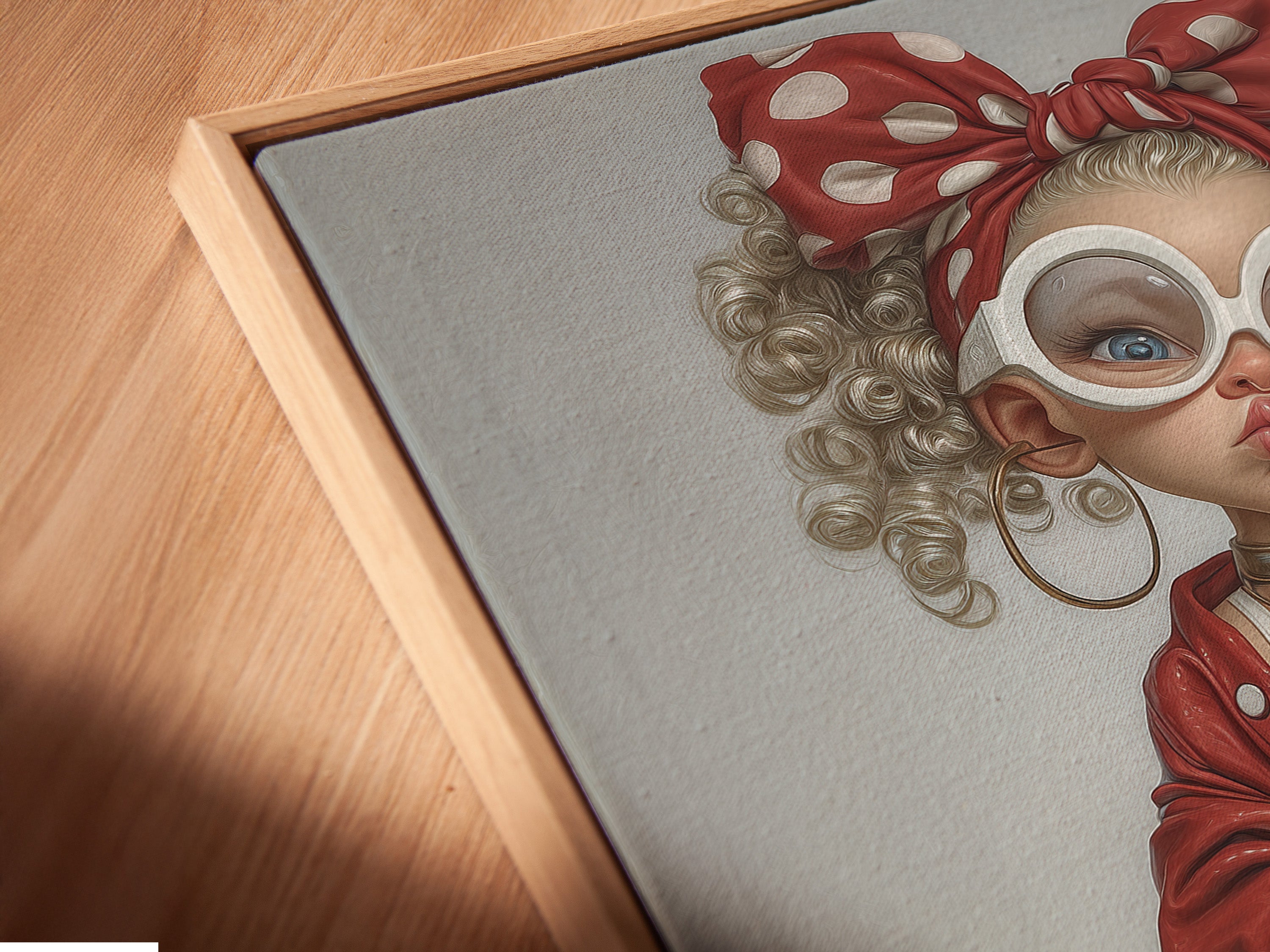 A close up angled shot of canvas print in a floating frame. The artwork is printed on high quality canvas. The floating frame gives a modern clean look. It enhances the artwork's visual appeal. Perfect for adding a gallery feel to your walls.