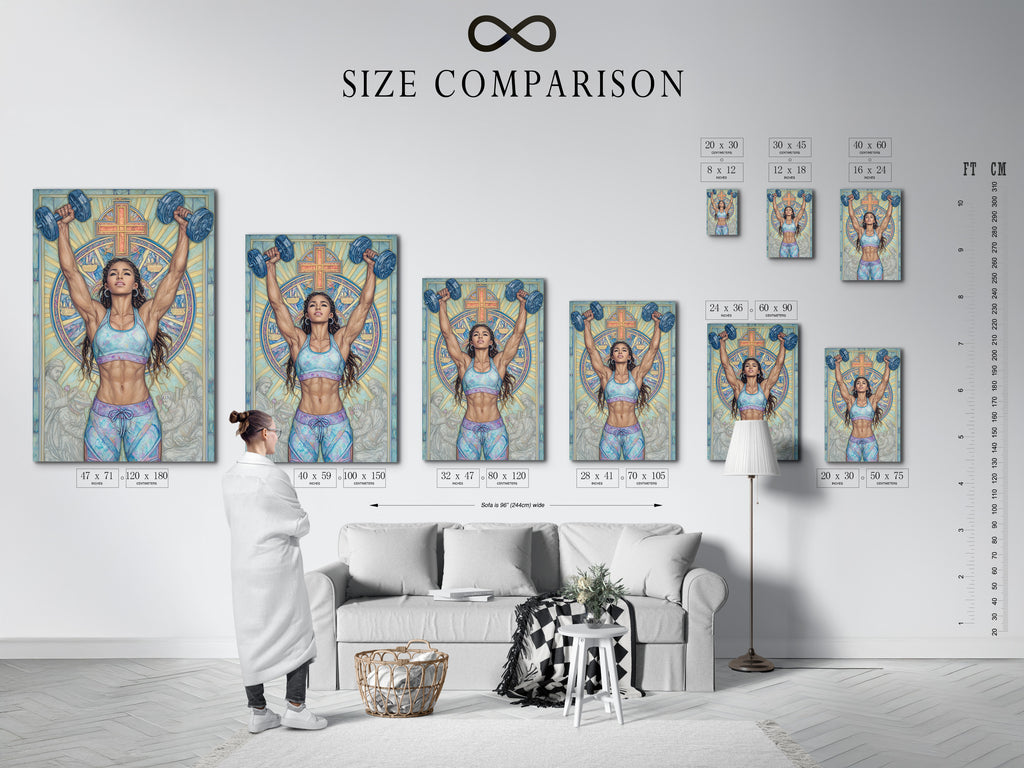 Size comparison chart in an interior setting. See the different sizes available for this Christian Gym Wall Art. Motivational artwork for your home gym. Perfect spiritual workout canvas with a faith fitness print.