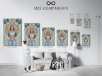 Size comparison chart in an interior setting. See the different sizes available for this Christian Gym Wall Art. Motivational artwork for your home gym. Perfect spiritual workout canvas with a faith fitness print.