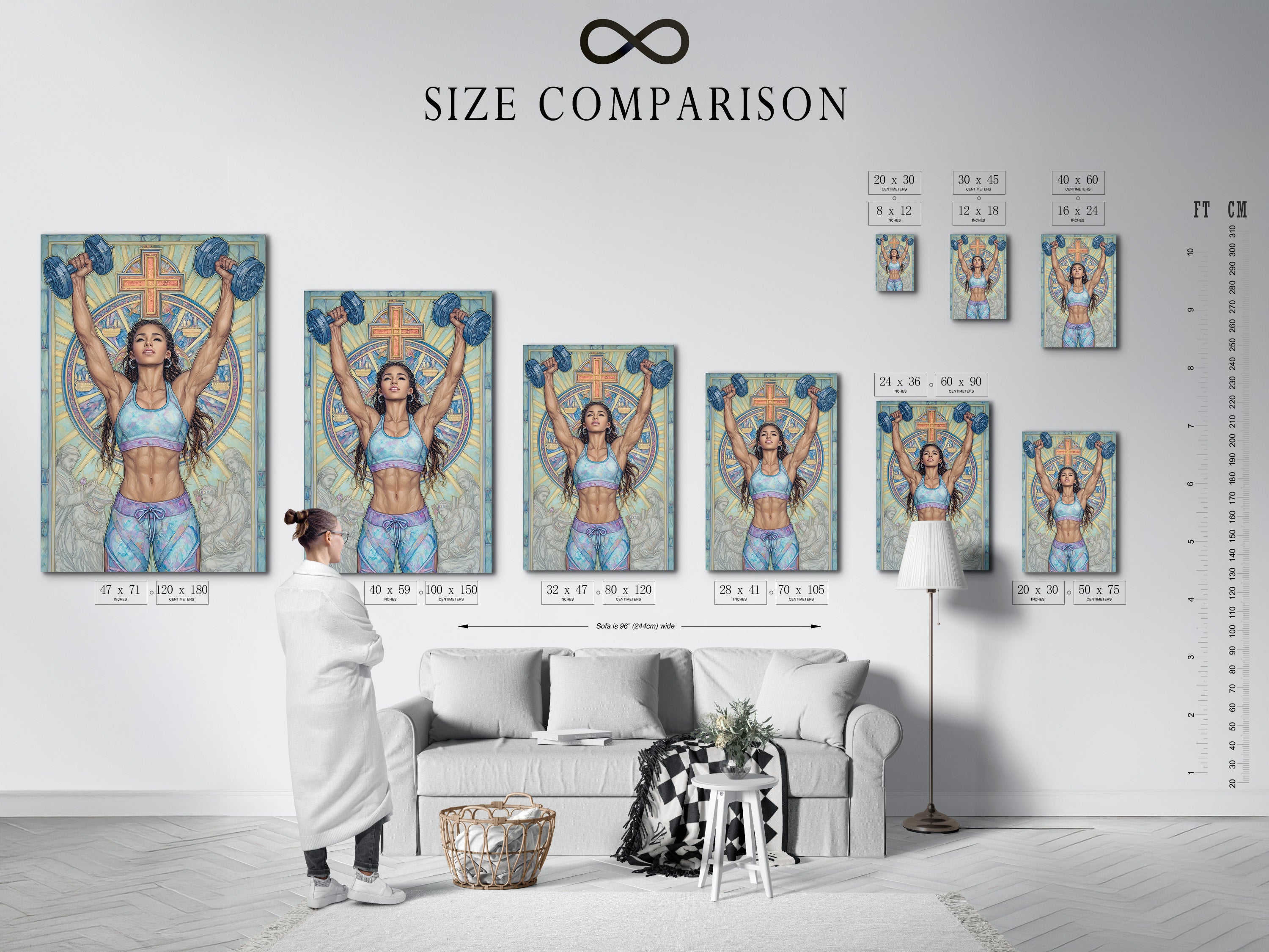 Size comparison chart in an interior setting. See the different sizes available for this Christian Gym Wall Art. Motivational artwork for your home gym. Perfect spiritual workout canvas with a faith fitness print.
