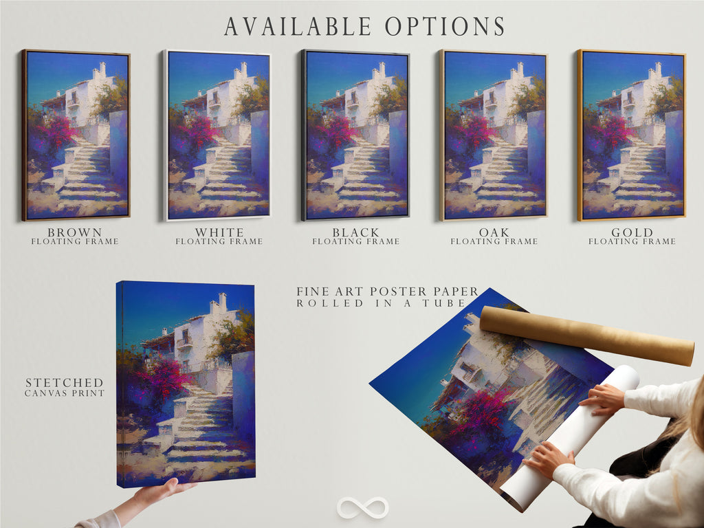 Available options for the Mediterranean Village artwork. Choices include stretched canvas prints fine art poster paper and floating frames. This Greek Island staircase print is versatile. The coastal wall decor is adaptable.