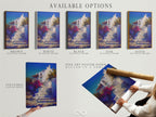 Available options for the Mediterranean Village artwork. Choices include stretched canvas prints fine art poster paper and floating frames. This Greek Island staircase print is versatile. The coastal wall decor is adaptable.