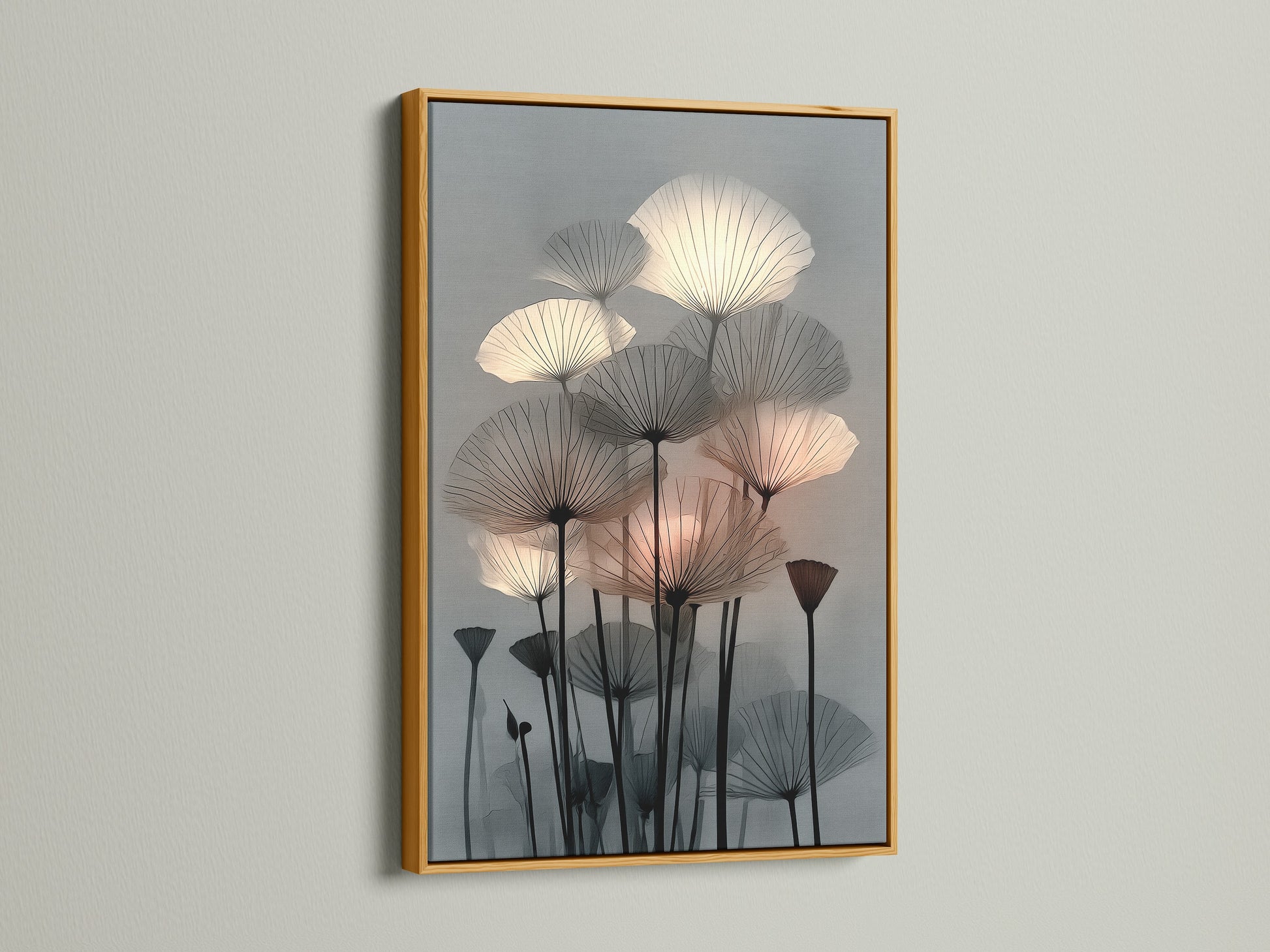 Botanical canvas print with a gold frame. This abstract floral artwork adds elegance to any room. The plant print is ideal for modern decor. This flower artwork can enhance your living room wall art. The neutral tones complement scandi decor.