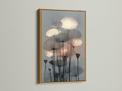 Botanical canvas print with a gold frame. This abstract floral artwork adds elegance to any room. The plant print is ideal for modern decor. This flower artwork can enhance your living room wall art. The neutral tones complement scandi decor.