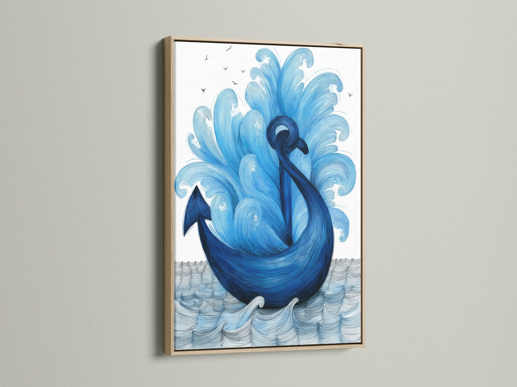 Explore our navy blue anchor artwork framed in oak. This nautical print is perfect for coastal art enthusiasts. It complements navy blue decor beautifully. Ideal as ocean canvas art this piece elevates any room. It's a stunning sea themed art addition. Perfect for enhancing your bathroom wall art or beach house.