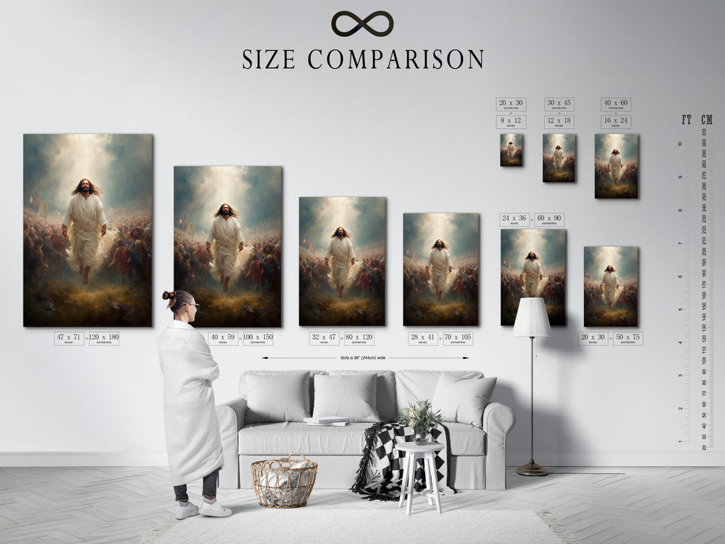 Use this size comparison chart to find the perfect fit. This interior shows how the artwork enhances the space. Choose the ideal size for your religious decor. Envision this faith canvas print. Perfect for church office art or Christian home decor.