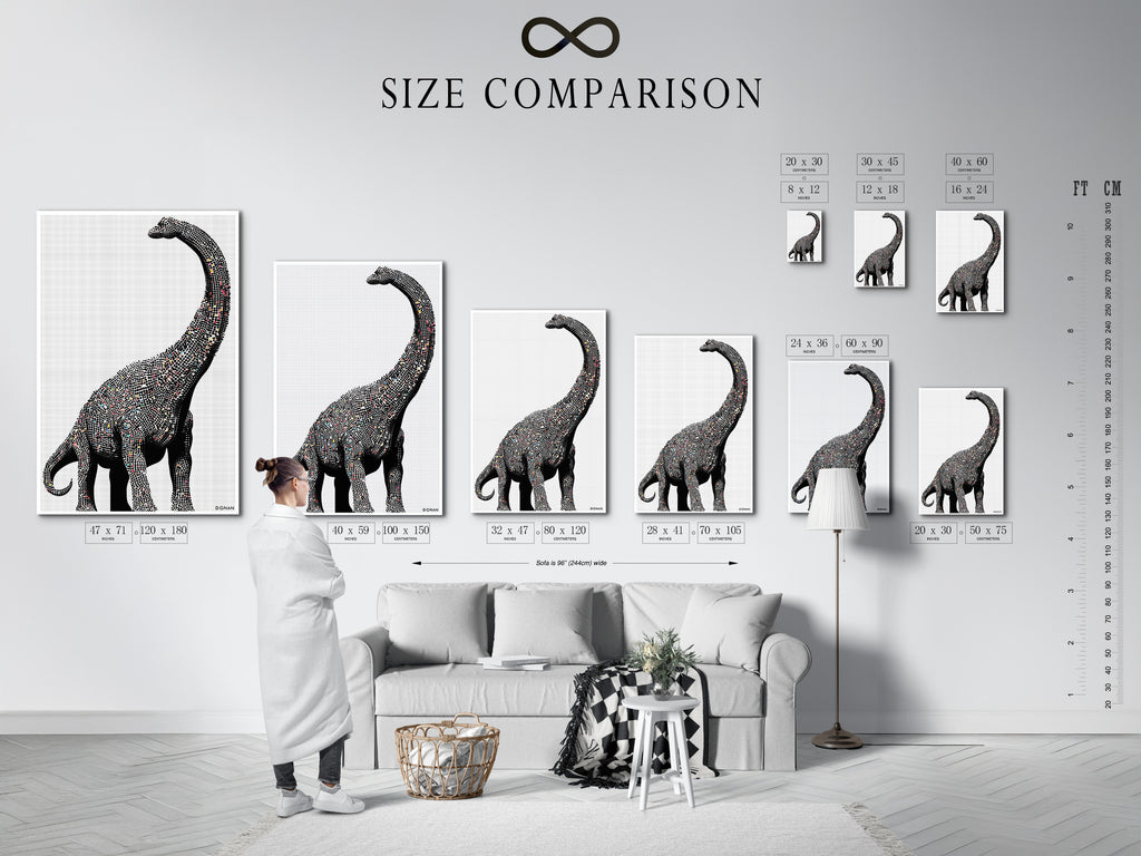 Size comparison chart in an interior setting. It shows various sizes for the dinosaur wall art. This minimalist brontosaurus artwork is perfect modern nursery decor.
