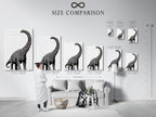 Size comparison chart in an interior setting. It shows various sizes for the dinosaur wall art. This minimalist brontosaurus artwork is perfect modern nursery decor.