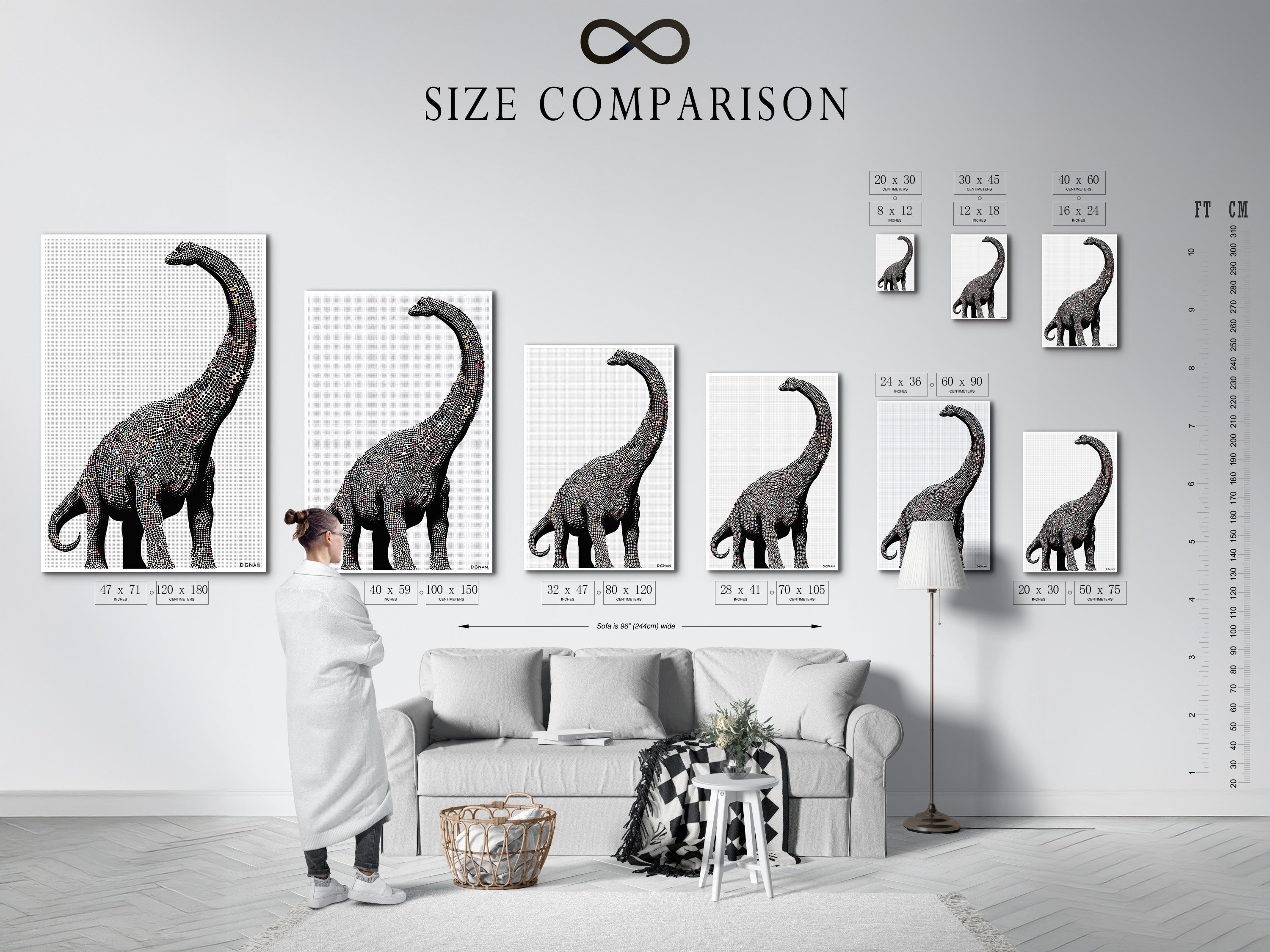 Size comparison chart in an interior setting. It shows various sizes for the dinosaur wall art. This minimalist brontosaurus artwork is perfect modern nursery decor.