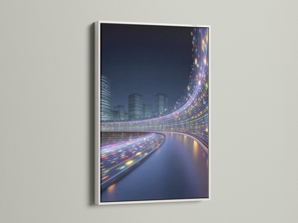 Futuristic cityscape artwork in a white frame. The modern urban wall art features vibrant digital city lights. The white frame provides a clean and contemporary look. This artwork is perfect for brightening up any room in your home or office. It enhances the modern aesthetic.