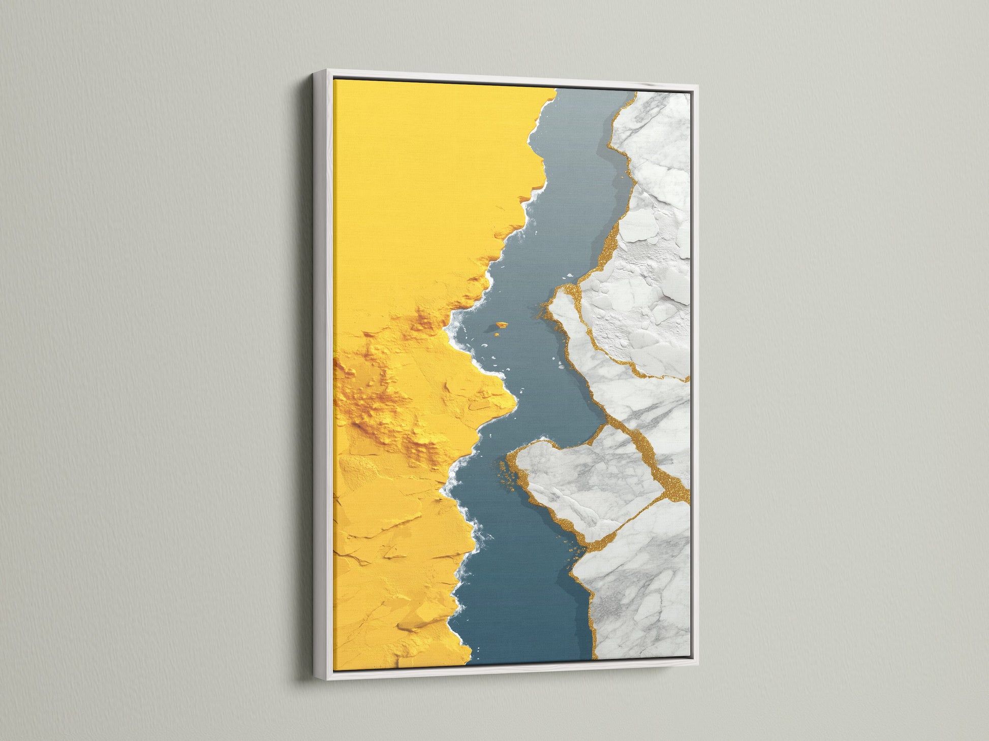 View abstract gold river canvas art with a white frame. The modern teal wall art offers a clean contemporary look. This artwork is perfect for minimalist or eclectic styles. See how a white frame complements this art.