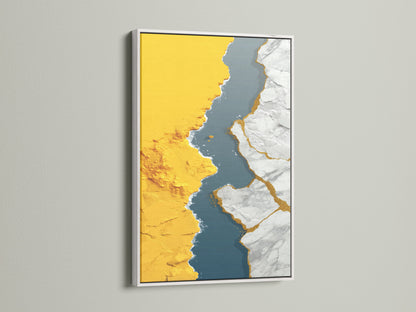 View abstract gold river canvas art with a white frame. The modern teal wall art offers a clean contemporary look. This artwork is perfect for minimalist or eclectic styles. See how a white frame complements this art.