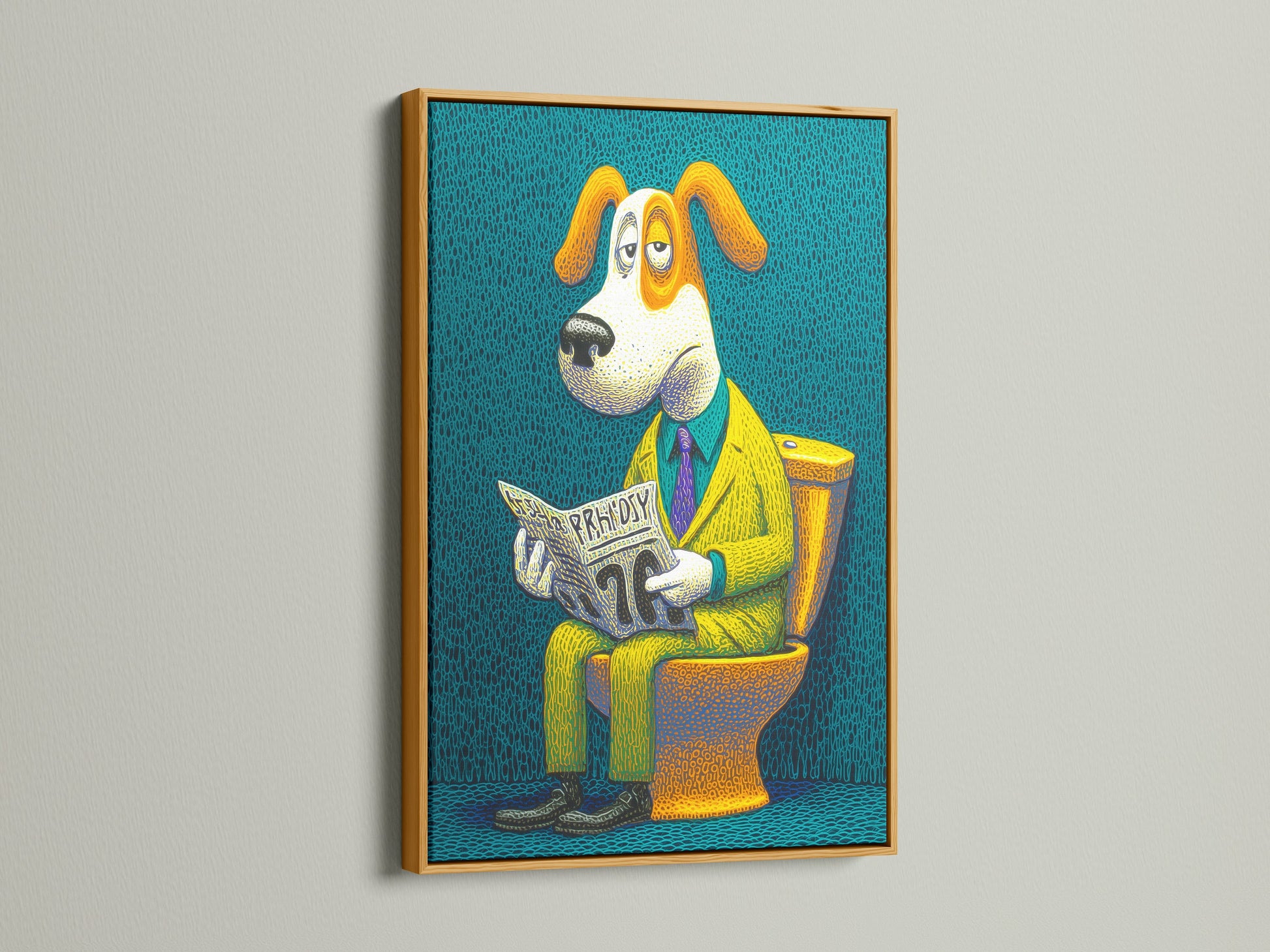 A gold frame highlights the 'Dog on Toilet' canvas print. This quirky artwork adds a touch of glamour to your bathroom. The funny dog print is sure to be a conversation starter. A great piece of novelty art.