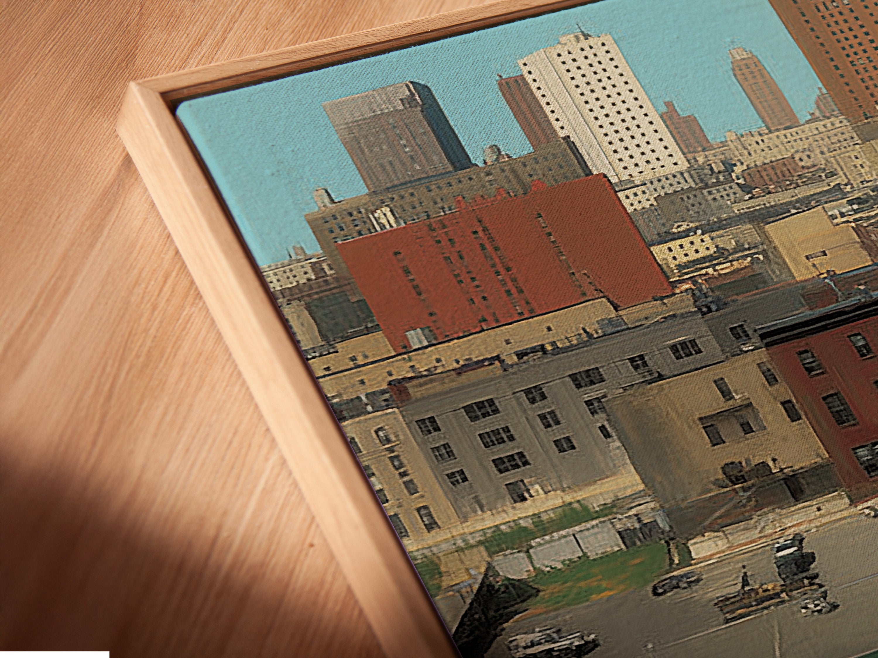 A close-up shows the Urban Tennis Court canvas print in a floating frame. The floating frame gives the artwork a modern look. This city sports print adds depth. The retro athletic art enhances the texture. A great piece for lobbies.