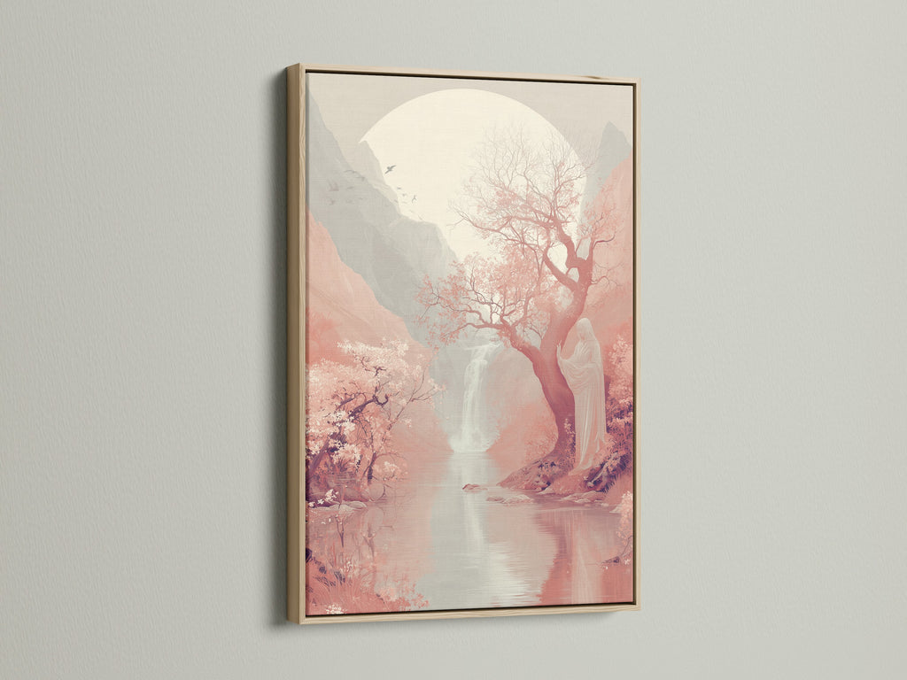 Oak frame showcasing Cherry Blossom Landscape Artwork. The Japanese Moon Wall Art enhances any space. Sakura Tree Canvas Print brings nature indoors. Ideal for zen bedroom decor and oriental wall art.