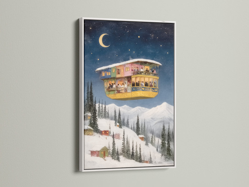 Transform your home with whimsical winter art. This delightful artwork showcases a fantasy house under a starry sky. The white frame enhances the artwork's charm. It is a great addition to any room. Bring a fairytale ambiance to your space with this dreamy wall decor. It's perfect for homeowners and renters alike.
