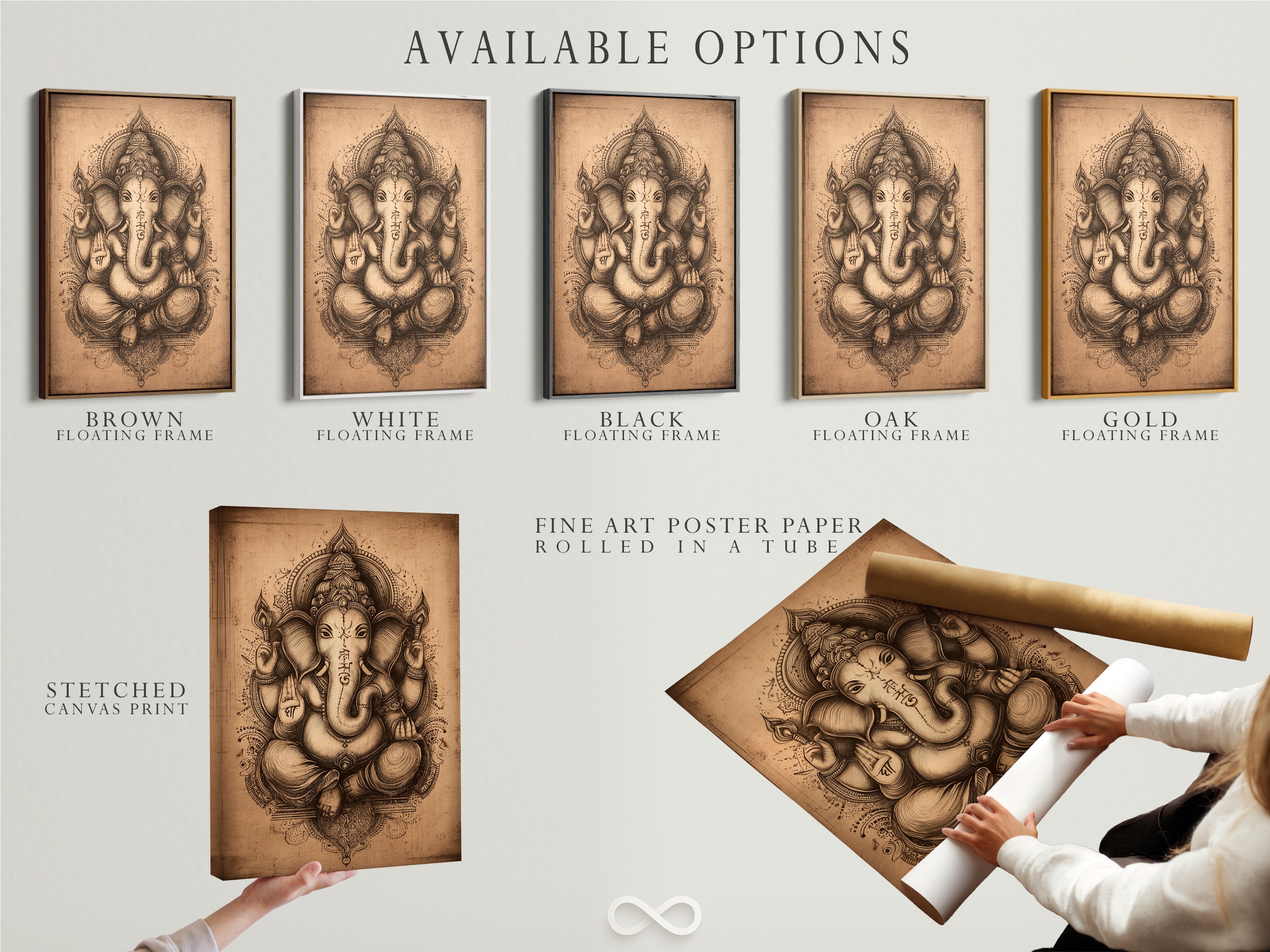 Available options for Ganesha Wall Art are displayed. Choose from a stretched canvas print fine art poster paper or floating frame. This Hindu Elephant God artwork enhances meditation rooms. It is zen wall art.
